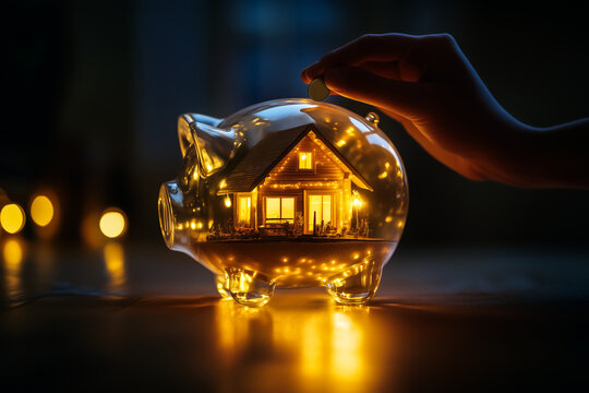 Casa dentro de um cofrinho transparente. Conceito de economizar para conquistar o sonho de uma casa pr&oacute;pria.