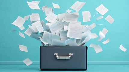 Documents exploding out of a briefcase, scattered everywhere with random papers flying, business chaos, work overload
