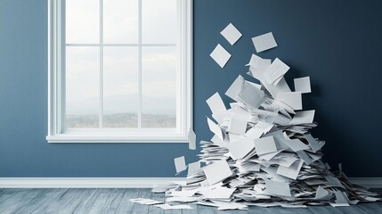 Papers caught in a windstorm blowing through an open office window, scattered everywhere in a chaotic mess, windblown documents, chaotic office