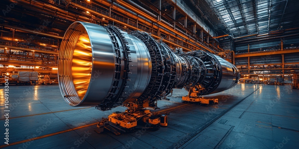 Poster Airplane Engine Assembly in a Factory Setting