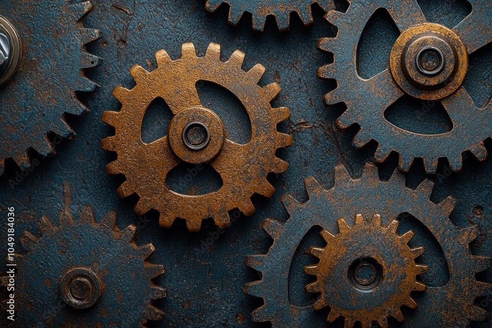 Poster Close-up of Interlocking Rusty Cogs and Gears