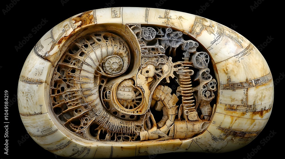 Aufkleber Captivating fossil of an ancient nautilus shell revealing the intricate spiral structure and detailed internal chamber patterns of this extinct marine creature