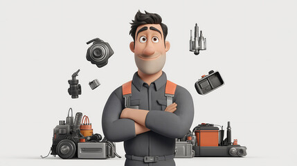 A cartoon mechanic stands confidently with crossed arms surrounded by various tools and equipment on a white background, showcasing his profession and expertise in auto repairs