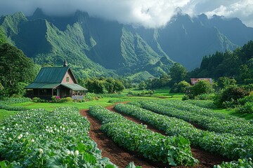 Rural Farmhouse with Lush Green Field and Majestic Mountain Range in Background