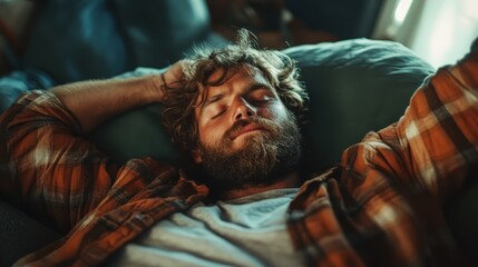 A serene bearded man wearing a checkered shirt is lying back in a relaxed position, highlighting a moment of complete calm and introspection in dreamlike lighting.