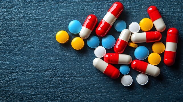 Colorful Pills and Capsules on Dark Surface