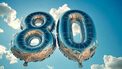 Blue sky with shiny silver balloons in the shape of the number 80, celebratory concept