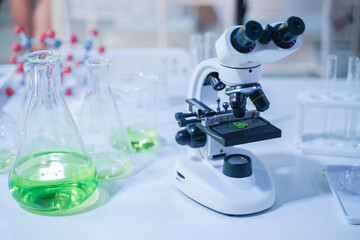 Microscope camera and Tubes in laboratory, technology test and lab close up shot.