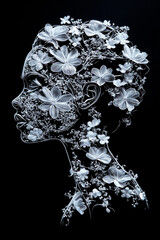 Abstract Floral Black and White Outline Portrait of Women, Artistic Female Background Wallpaper design