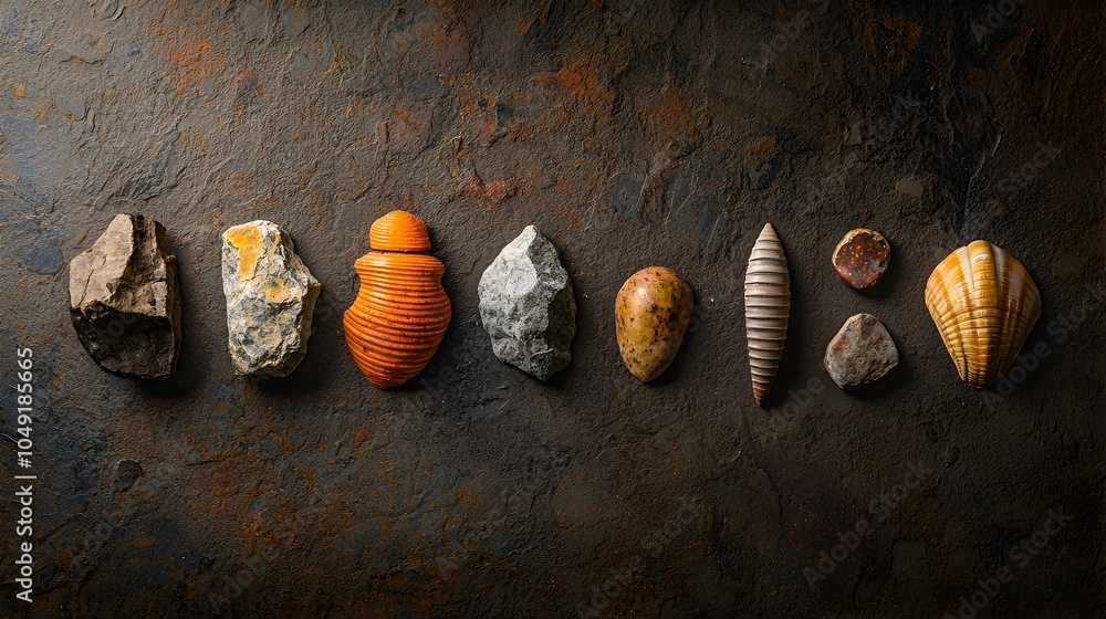 Poster Carefully Arranged Display of Various Fossilized Brachiopod Shells on a Minimalist Neutral Background Showcasing the Intricate Geometric Patterns and Textures of These Prehistoric Marine Organisms