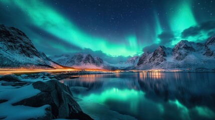 Aurora Borealis over Snowy Mountains