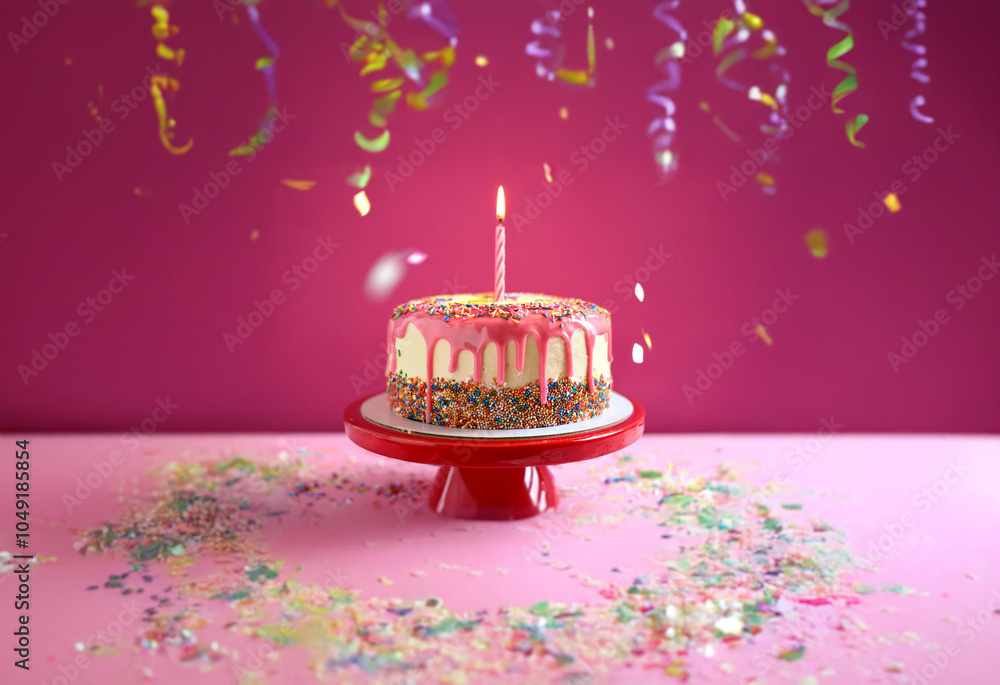 Poster a single-layered birthday cake with a lit candle on top sits on a red cake stand. multicolored confe