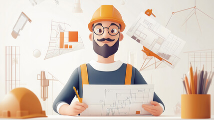 A cartoon architect character works on building plans with drafting tools in a creative studio, surrounded by sketches and construction elements on a white background