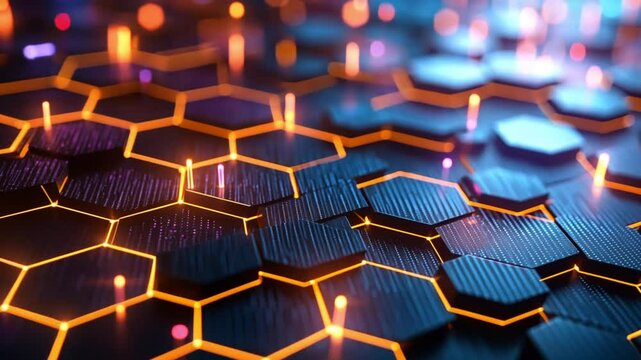 Hexagonal Grid with Glowing Orange Lights in a Futuristic Tech Scene