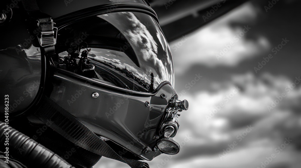 Poster close-up of a pilot's helmet with a reflection of the sky and clouds in the visor.