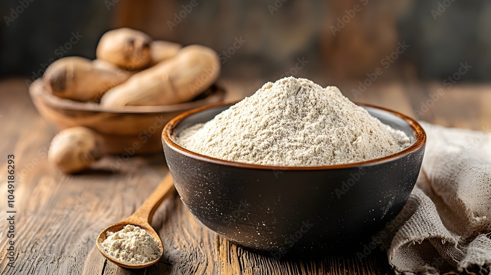 Fototapete cassava flour in a wooden bowl with some cassava roots placed in the background on a rustic wooden t