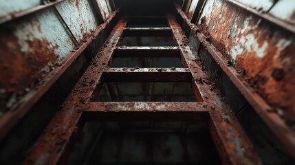 Close-up of a rusty metal ladder inside an industrial setting, illustrating the passage of time and the wear and tear of industrial environments vividly.