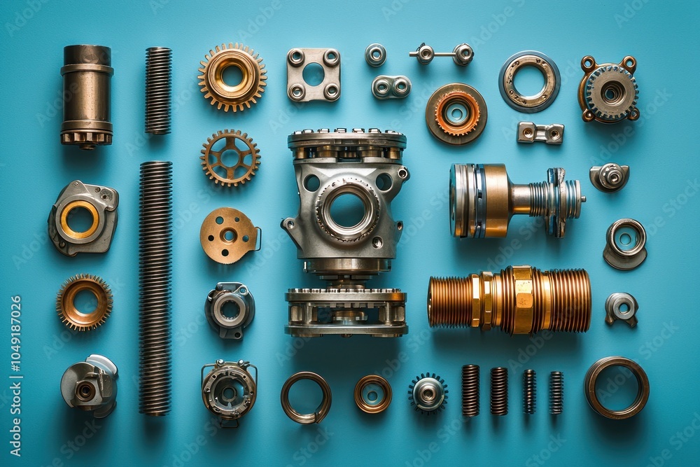 Poster an array of assorted mechanical components on a blue background