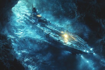 Obraz premium Futuristic Warship Navigating Through a Dark, Stormy Sea