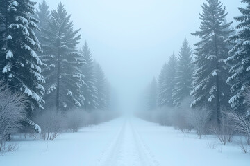 Obraz premium Picturesque image is a digital illustration of a breathtaking winter landscape. The overall tone of the image is tranquil and serene with a palette of cool blues and greens