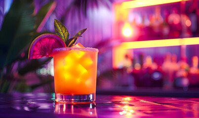 Exotic cocktail with a slice of citrus and fresh leaves, on a bar background of neon, pink, purple and orange tones, in a modern and tropical atmosphere. 