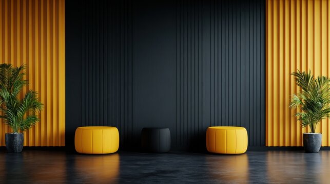 A modern interior space features bold yellow and black contrasts, with yellow stools and potted plants, creating a striking and balanced visual presentation.