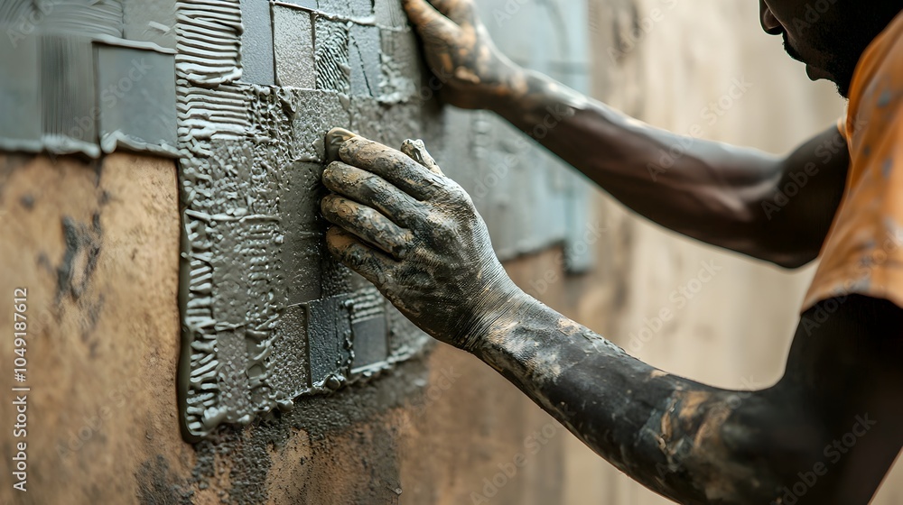 Poster close up view of a worker s hands carefully applying adhesive to install tiles on a wall during a ho