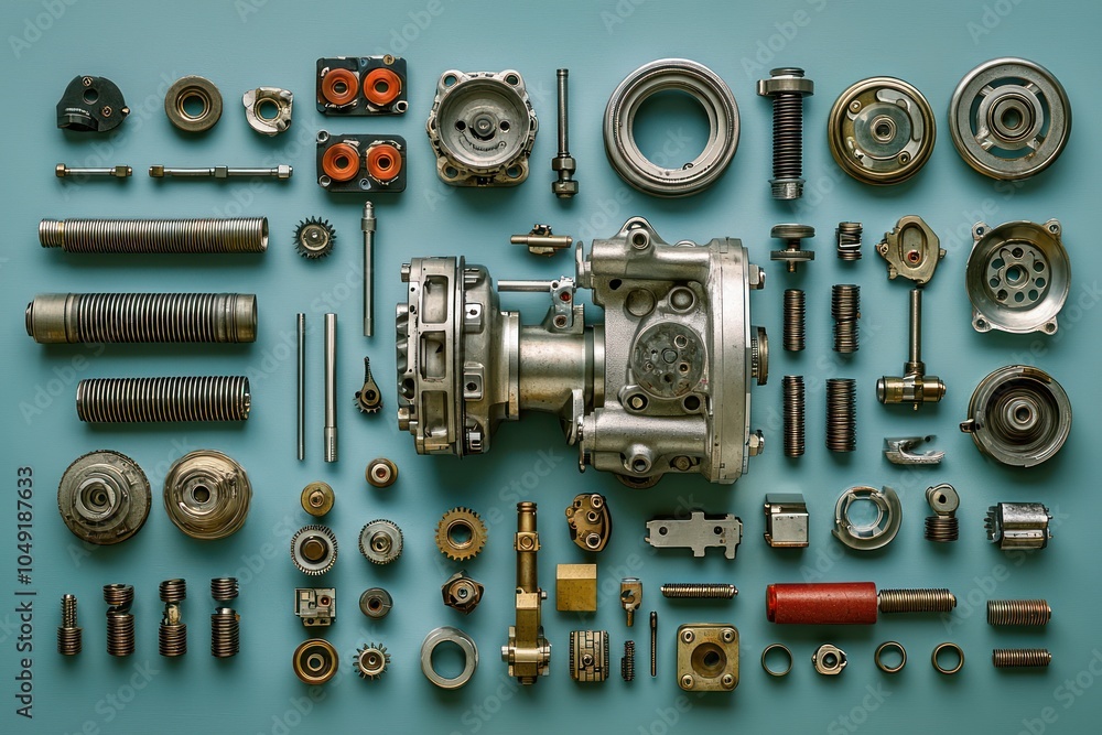 Poster assortment of machine parts and components on a blue background