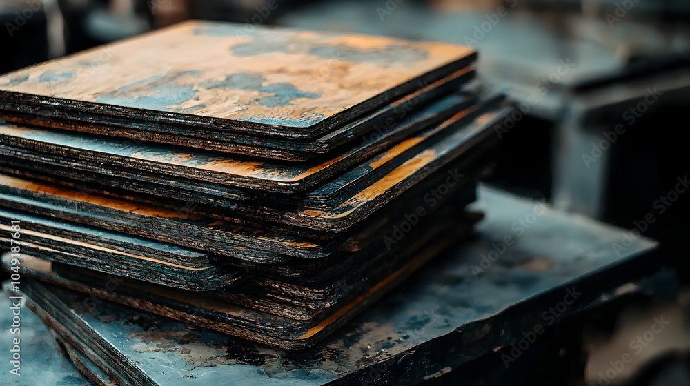 Poster close up view of an industrial press machine laminating layers of plywood in a vintage or grunge wor