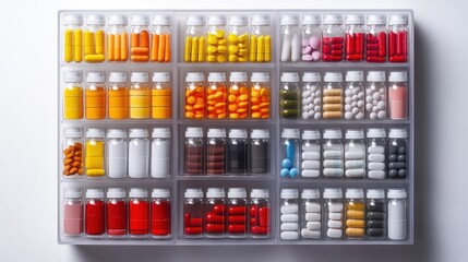 A clear plastic organizer tray with multiple small bottles containing various pills and capsules in different colors.