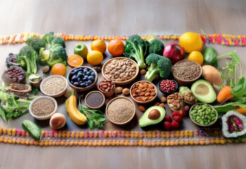 A vibrant table display of fresh fruit, vegetables, nuts, and seeds, showcasing a diverse range of healthy food options.