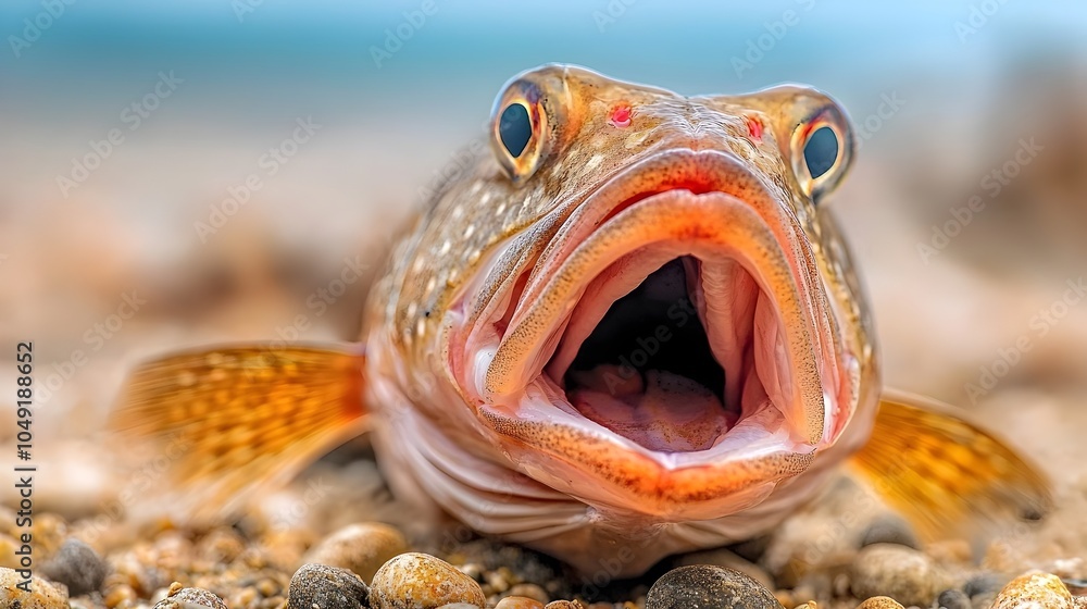 Poster Close up of a grouper fish lying flat on the seabed with a slightly opened mouth showcasing the detailed texture of its scales and fins in a tranquil underwater marine environment