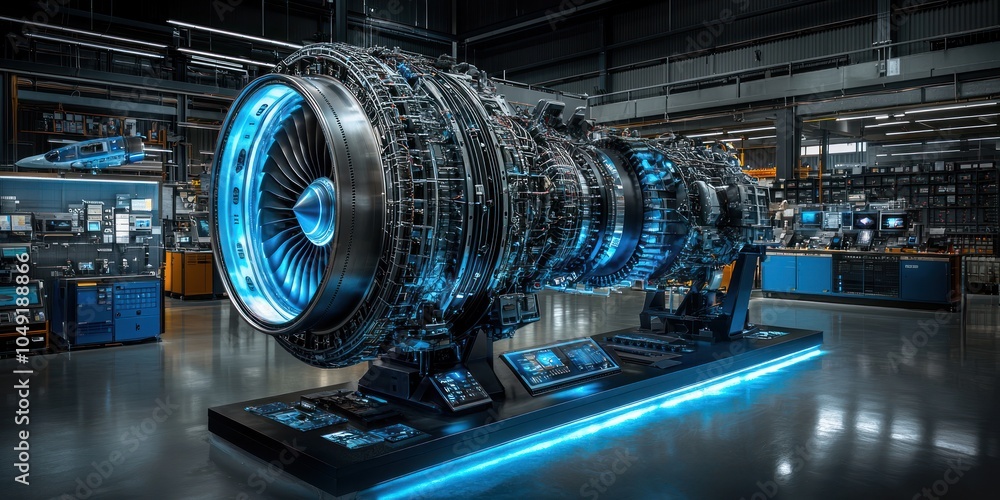 Poster A Jet Engine On Display In A Modern Industrial Setting