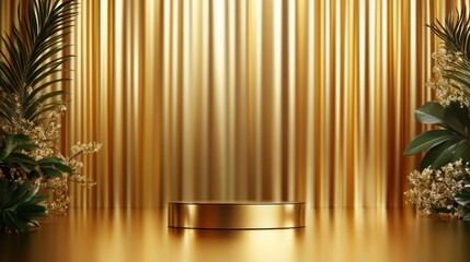 An opulent golden podium takes center stage, encased by lush tropical flora and delicate blooms, epitomizing lavishness and grandeur within a lush exotic ambiance.