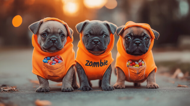 Three pug puppies dressed in orange Halloween outfits with candy in their pockets, posing together for Halloween. Halloween pets, funny dogs
