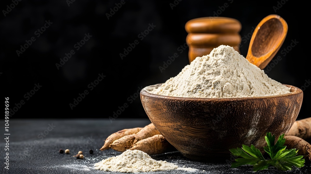 Poster close up shot of a wooden bowl filled with powdery cassava flour surrounded by some fresh cassava ro