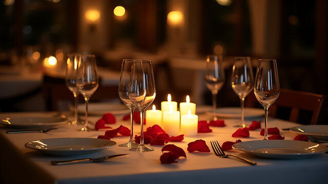 dle-lit table setting with white plates, wine glasses, silver cutlery, rose petals, white background --- Overly dark atmosphere, busy setting ---