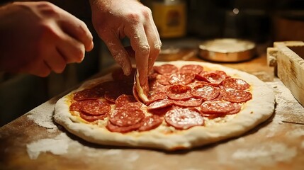 Close up shot of an uncooked pizza base with pepperoni slices evenly spread across the dough ready for baking in the kitchen