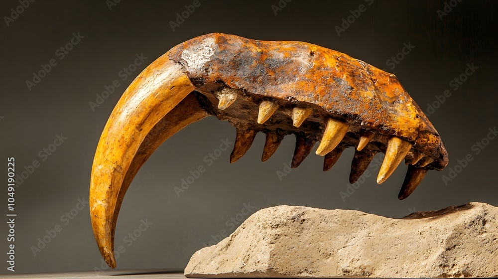 Poster Close up side view of a large sharp saber toothed cat fang fossil displayed in a natural history museum or exhibition