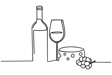 One line background cheese and vine bottle and glass. One line Continuous, vector