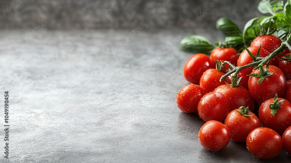 Poster a vibrant cluster of fresh ripe tomatoes with sprigs of basil artfully placed on a textured gray con