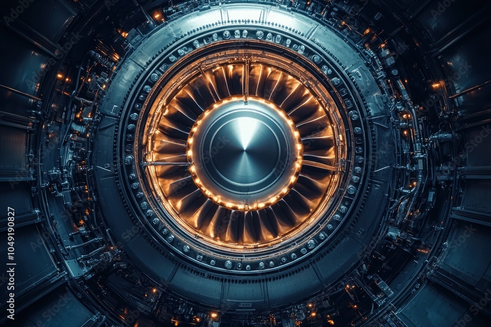 Poster close-up of an airplane engine with glowing blades and internal components