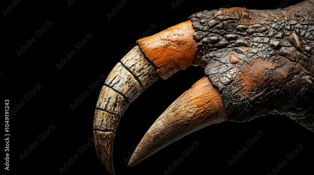 Poster Close up view of a well preserved fossil specimen of a theropod dinosaur claw isolated on a plain white background for detailed scientific study and examination