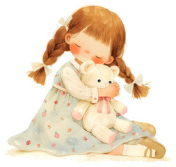 PNG A cute girl Playing with doll illustration children's pastel.