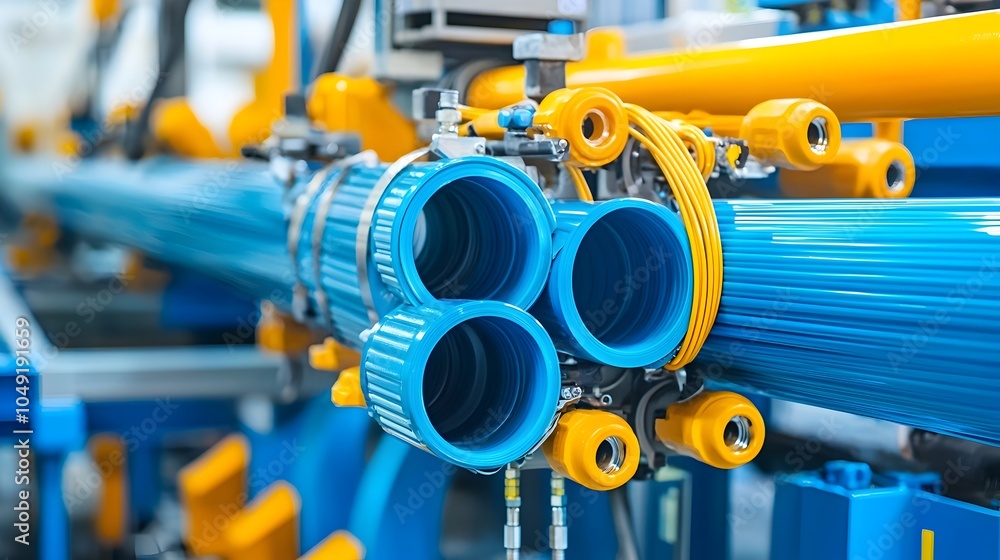 Poster close up view of an industrial extrusion machine manufacturing pvc pipes for construction infrastruc