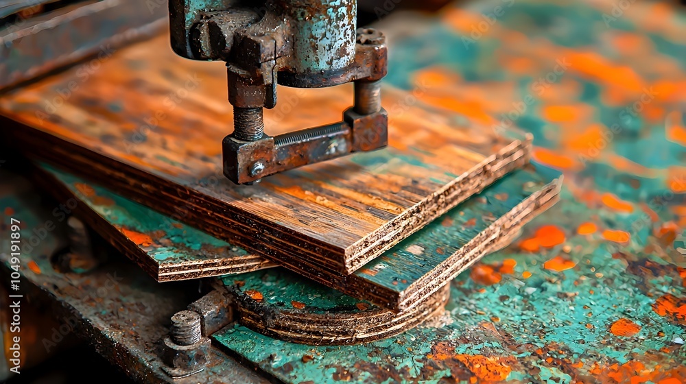 Poster close up view of an old vintage industrial press machine laminating layers of plywood panels in a ru