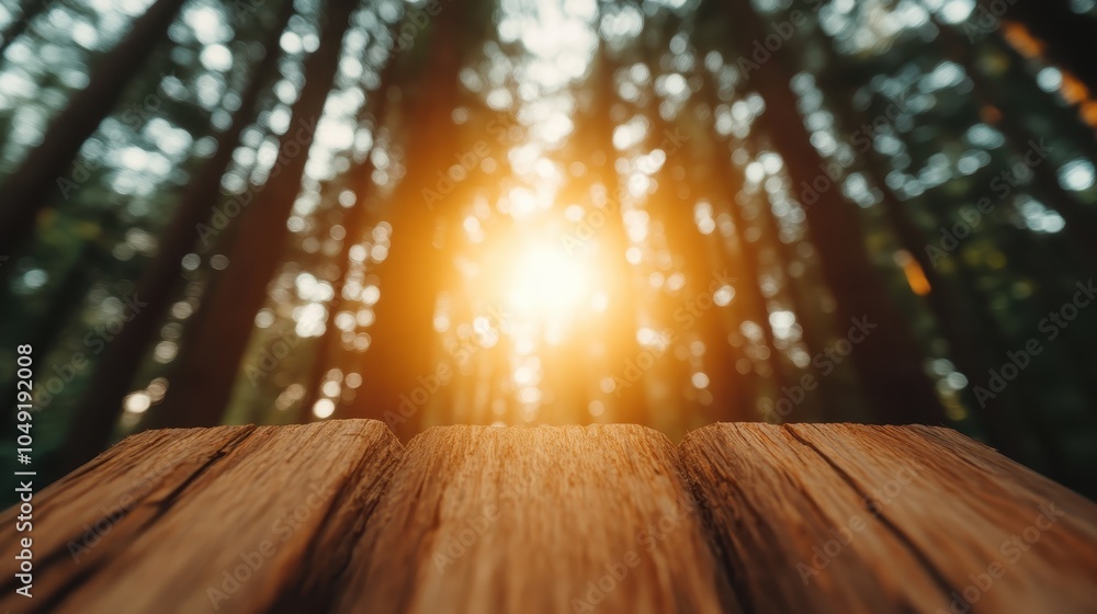 Poster a scenic view of a wooden table set against a backdrop of dense forest trees, illuminated by golden 
