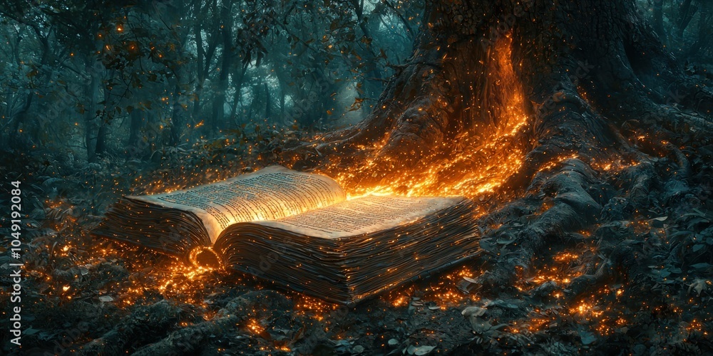 Poster a flaming book lies open in a dark forest