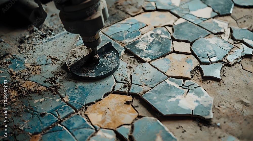 Poster Close up view of ceramic tiles being meticulously cut into various shapes using a powerful waterjet cutting machine in an industrial workshop setting