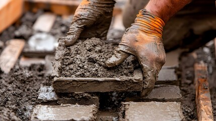 Close up view of ceramic tile molds being filled with a clay mixture showcasing the process of handmade artisanal tile production  The molds create unique shapes and patterns for decorative